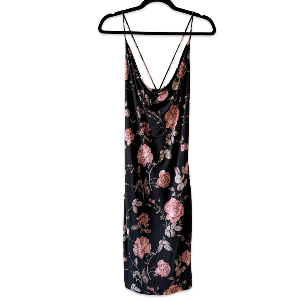 Guess Floral Pink and Black Slip Dress Cowl Neck Midi Women’s Size Medium